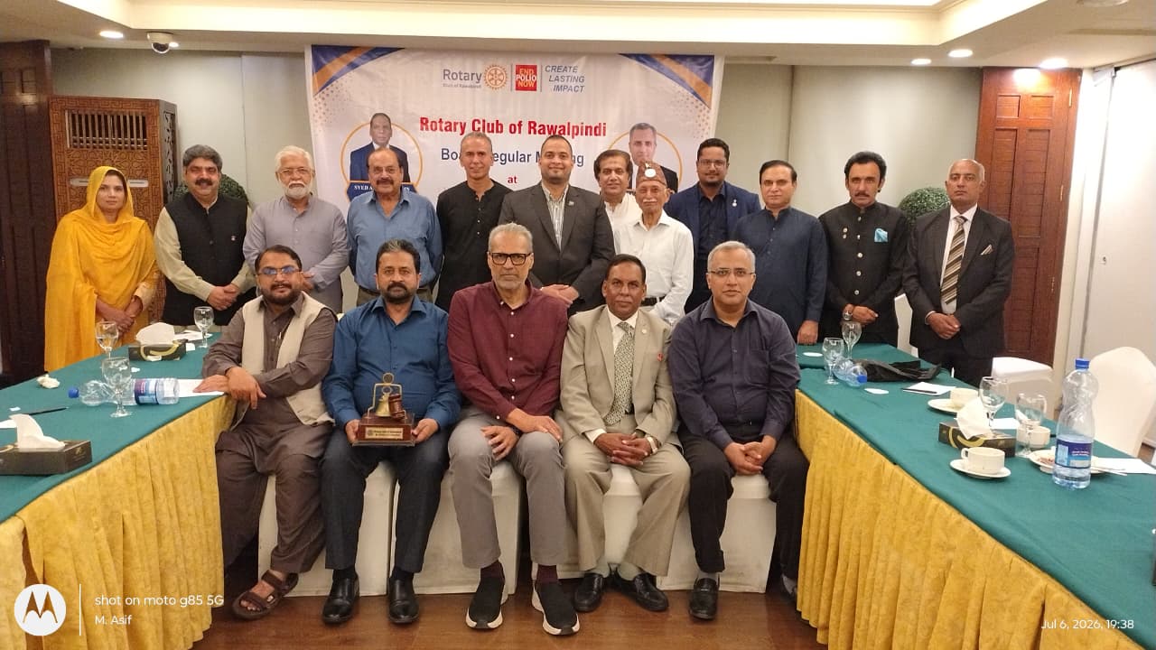 Members of the Rotary Club of Rawalpindi at the regular meeting on 6 July 2026 at Pearl Continental Hotel, Rawalpindi